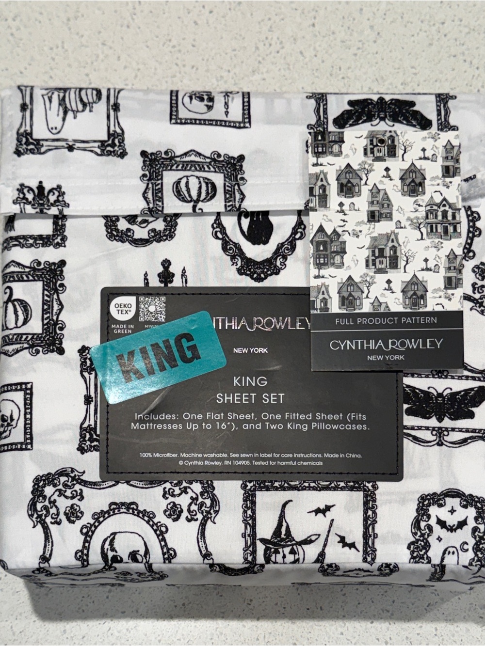 Cynthia Rowley King Sheet Set Halloween Gothic Skulls Pumpkins Black White 4pc - Picture 2 of 7
